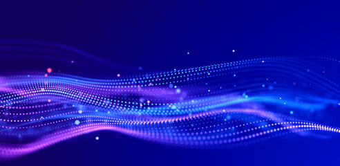 Abstract bright wave of glowing particles. The flow of musical sounds. Big data visualization. 3d rendering.