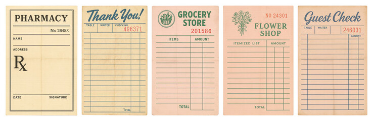 PNG Vintage receipt templates for businesses, element set on transparent background