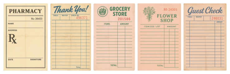 PNG Vintage receipt templates for businesses, element set on transparent background