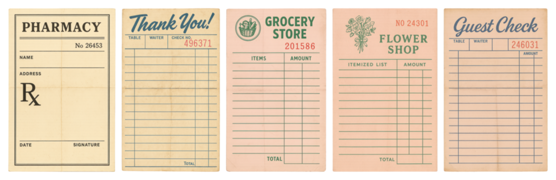 PNG Vintage receipt templates for businesses, element set on transparent background
