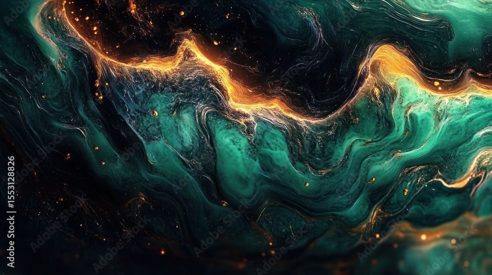 Poster abstract swirling green and teal fluid textures with bright glowing orange and gold highlights creat