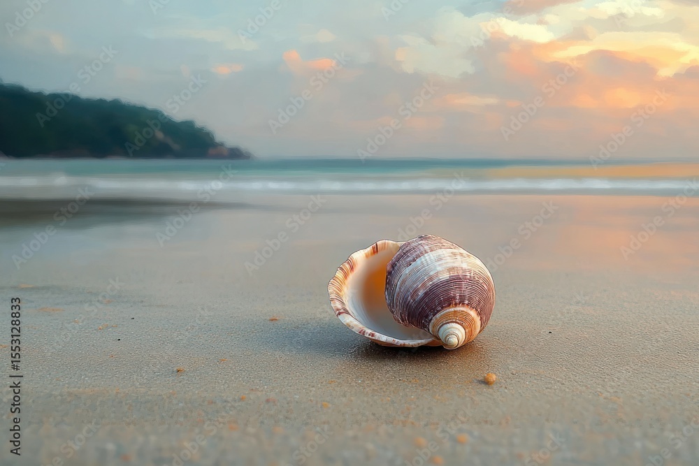 Poster close-up of a seashell resting on smooth wet sand with a calm ocean and a colorful sunset sky in the