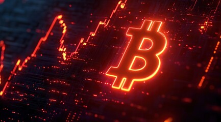 Glowing orange neon bitcoin symbol on a dark digital circuit background with illuminated data points and graphs representing cryptocurrency technology