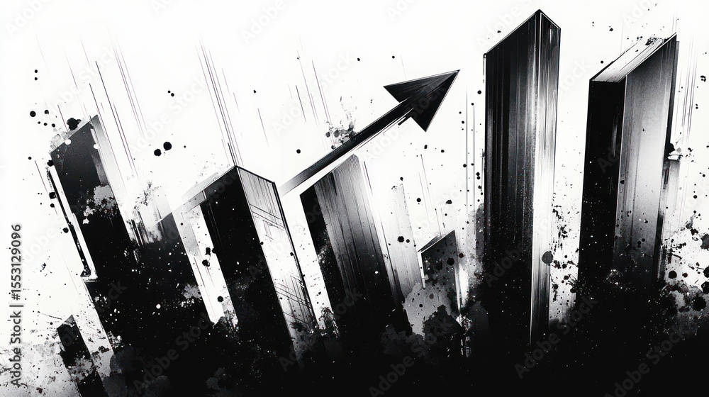 Poster abstract black and white illustration of rising rectangular blocks with an upward pointing arrow con