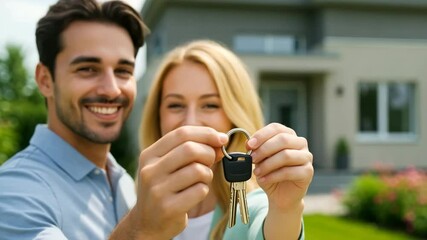 Young couple smiling while holding house keys in front of new home  
