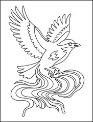 A line art drawing of a bird with wings spread above swirling lines on a white background design