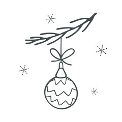 Christmas tree, ball card. Outline black marker ink contour, doodle sketch hand drawn blob stroke line. Hanging cute toy holiday composition. New year party graphic web design. Vector illustration
