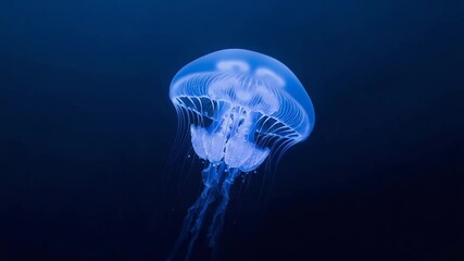 A bioluminescent moon jellyfish glowing as it floats peacefully in the deep dark blue ocean water. Underwater wildlife photography of a beautiful marine animal.
- Powered by Adobe
