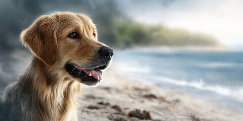 Golden retriever enjoying a peaceful moment at the beach during a calm morning by the water