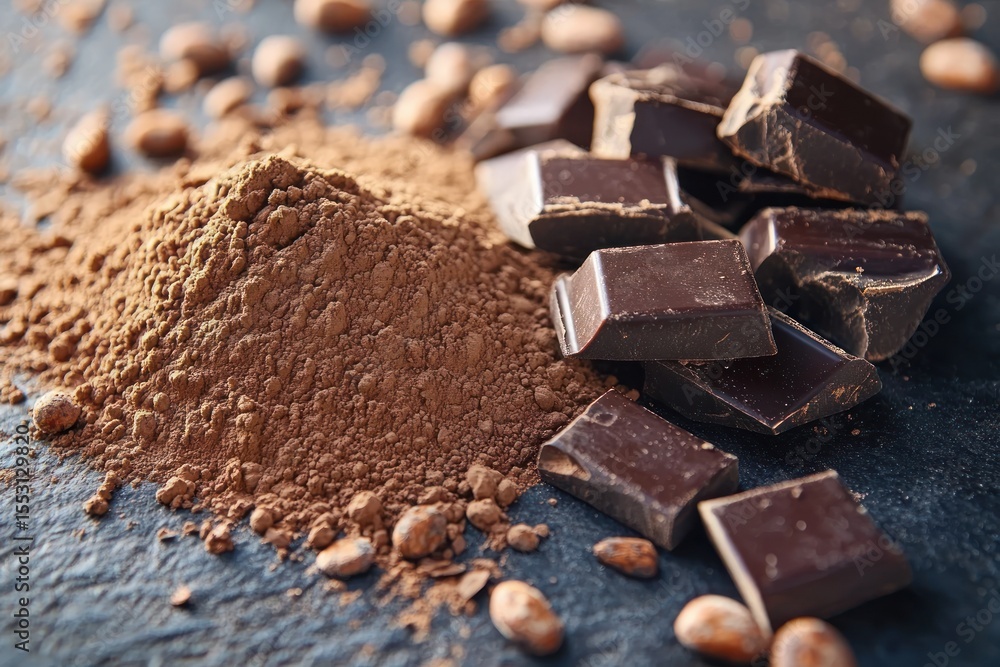 Poster close-up shot of dark chocolate chunks and cocoa powder on a dark surface with scattered cocoa beans