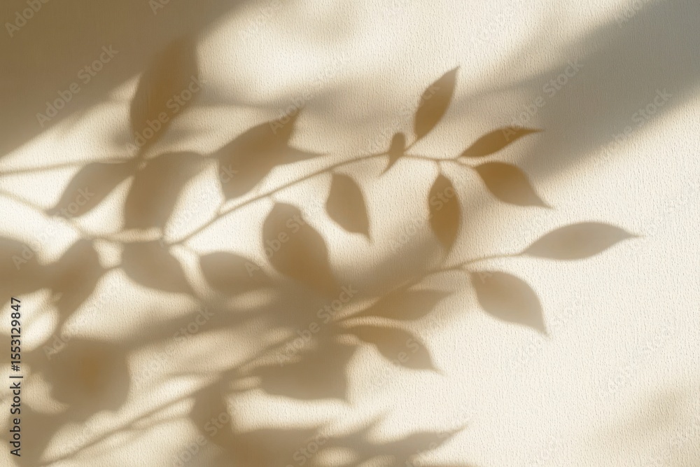 Poster soft shadow of leafy branches cast on a textured light wall creating a calming and gentle natural pa