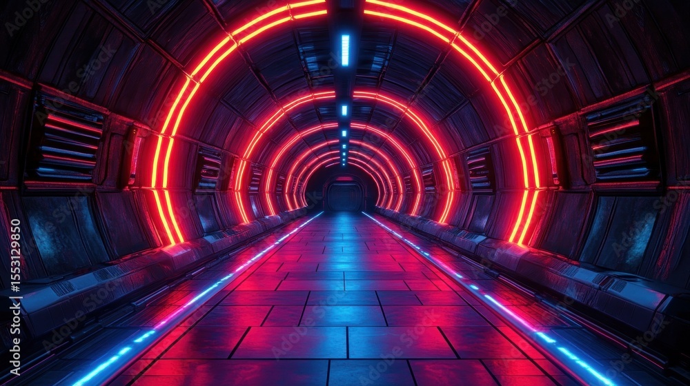 Poster Futuristic tunnel corridor illuminated with vibrant red and blue neon lights creating a glowing circular pattern along metallic walls and tiled floor