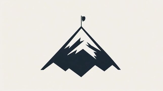 A mountain peak with a fluttering flag planted at the top. Animated logo design featuring simple shapes of a mountain peak with a flag on top