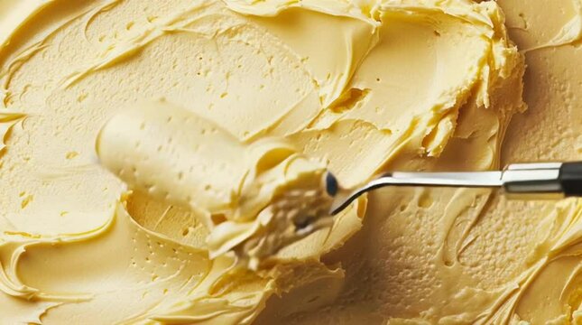A 9 seconds video demonstrating a spoon dipping into scalded cream. Custard taste. Yellow creamy butter spread. Cream texture. Pastry cream sample
