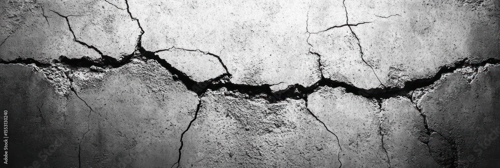 Poster close-up of extensive cracks and damage on a concrete wall surface showing rough texture and weather