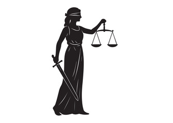 justice scales lady logo silhouette vector, lady justice logo icon silhouette, woman holding scales of justice silhouette lady lawyer logo design vector illustration silhouette on a white background