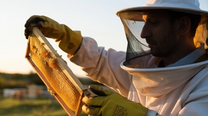 Male beekeeper inspecting honeycomb at sunset in protective gear outdoors