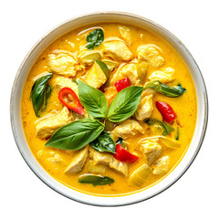 Overhead view of a bowl of yellow curry with chicken and vegetables