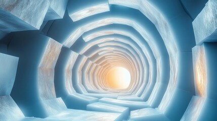 Obraz premium Futuristic tunnel with glowing icy blue geometric walls curving towards a bright warm light at the end, evoking a sense of journey and mystery