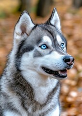 Obraz premium Close-up of a Siberian husky dog with piercing blue eyes looking attentively to the side with a blurred natural autumn background