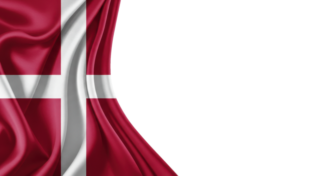 Danish flag draped in flowing silk isolated on transparent background, png
