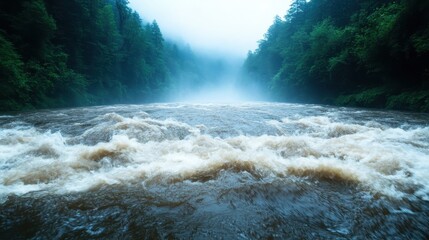 A powerful river flows rapidly through a misty forest, capturing the essence of nature's strength and beauty while showcasing the serenity of the landscape.