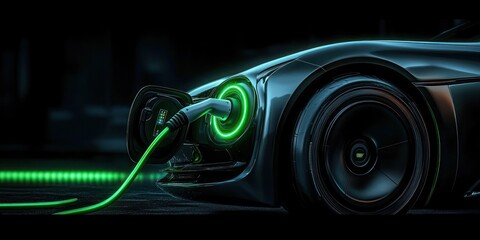 Close-up of a futuristic electric car being charged at night with glowing green light around the charging port and a sleek black body reflecting ambient light