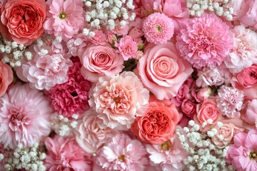 bloomning pink roses and carnation background. Wedding card, or banner, or happy birthday concept