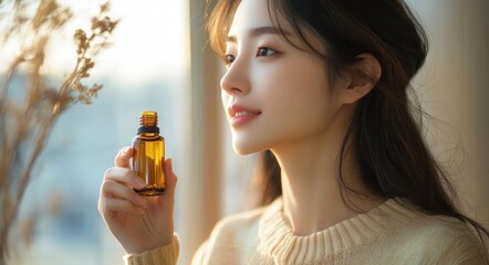 Fototapeta premium woman in cozy sweater holding small amber glass bottle near window bathed in soft natural light with dried plants in background serene and contemplative expression