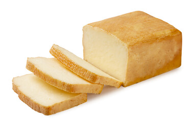 Smoked cheese sliced into pieces on a white background. Isolated