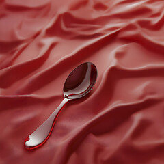 Glossy spoon on red silk fabric, minimalist luxury concept. Elegant minimalist photo of a shiny metallic spoon placed on richly textured red silk fabric. T