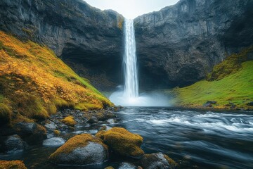 Tall waterfall cascading down rocky cliff into flowing river surrounded by mossy rocks and green and yellow vegetation under bright sky