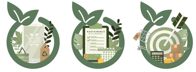 Three circular eco friendly business icons set featuring sustainable shopping isolated. Green commerce concept template ideal for corporate presentations and environment. Vector illustration