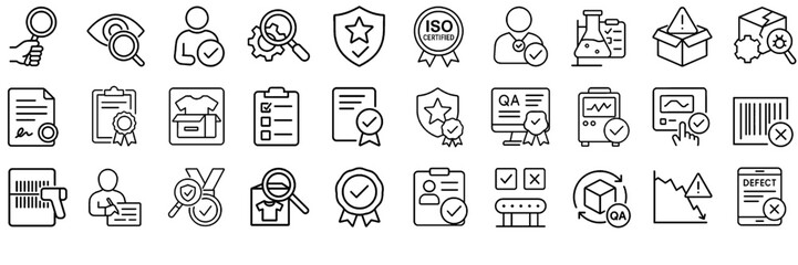Quality Assurance and Certification Stroke Icon Collection. Featuring Audit, Compliance, Safety, Standards, and More. Editable Line Vector Symbols Set.