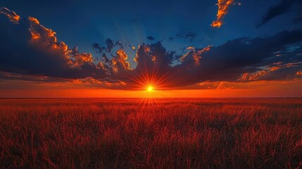 Dramatic sunset over a vast field of tall grass.