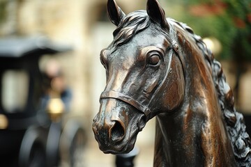 close-up of a detailed bronze horse statue with a textured mane and bridle in an outdoor setting with blurred background