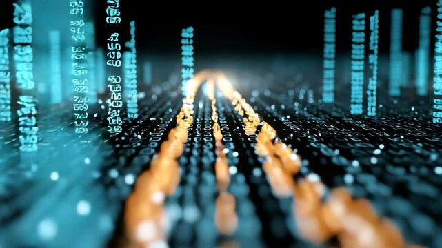 Glowing binary data stream on digital grid
