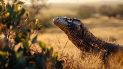 Obraz premium Komodo Dragon Sunset Savanna.
