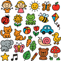 Fototapeta premium Colorful Childlike Illustrations of Animals, Objects, and Nature, A cheerful collection of simple, childlike drawings.