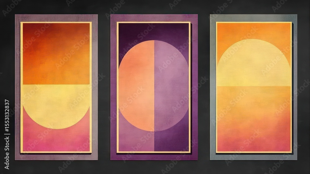 Poster three abstract geometric art panels with warm color gradients featuring circles and semi-circles in 
