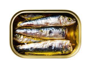 Open tin can of sardines packed in oil, isolated on a clean white background, top view,