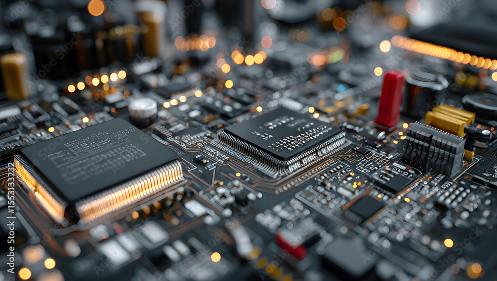 Poster close-up of circuit and computer motherboard on a high-tech background.