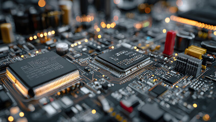 Close-up of circuit and computer motherboard on a high-tech background.