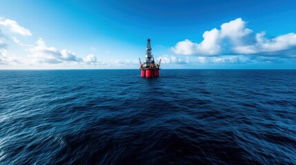 An impressive oil rig stands resolutely in the vast ocean, highlighting humanity's industrial achievements against the backdrop of a stunning sky and deep blue waters.