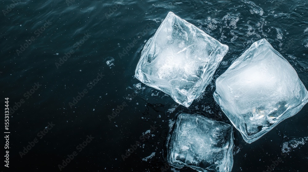 Poster a captivating scene of ice cubes floating in dark water, capturing light and transparency, creating 