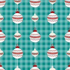 Seamless festive pattern with red and white Christmas baubles over green gingham background. Ideal for seasonal designs and crafts.