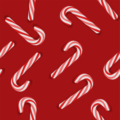 Seamless Christmas pattern with red and white candy canes on festive red background. Great for seasonal wrapping, textiles, and decorations.