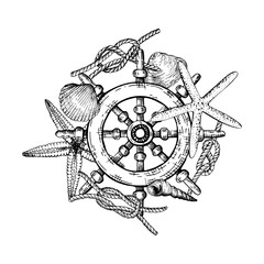 A detailed black and white nautical vector illustration. A ships wheel surrounded by starfish, seashells, ropes, and knots. Hand drawn composition. Sketch in line art style.