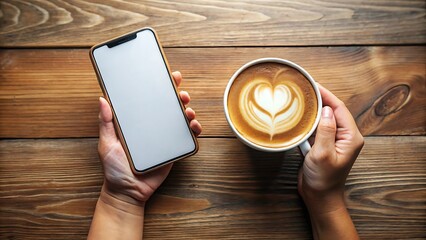 Overhead view of hands holding a smartphone and a cup of coffee with latte art.jpg