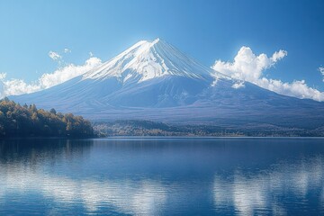 Snow capped mountain towering over a calm lake with reflections of clouds and surrounding forest under a clear blue sky